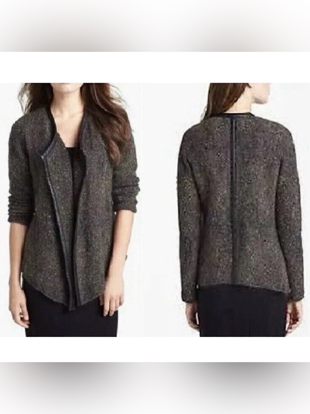 Eileen Fisher Cardigan Sweater Leather Trim Open Front Mohair Blend Womens Small